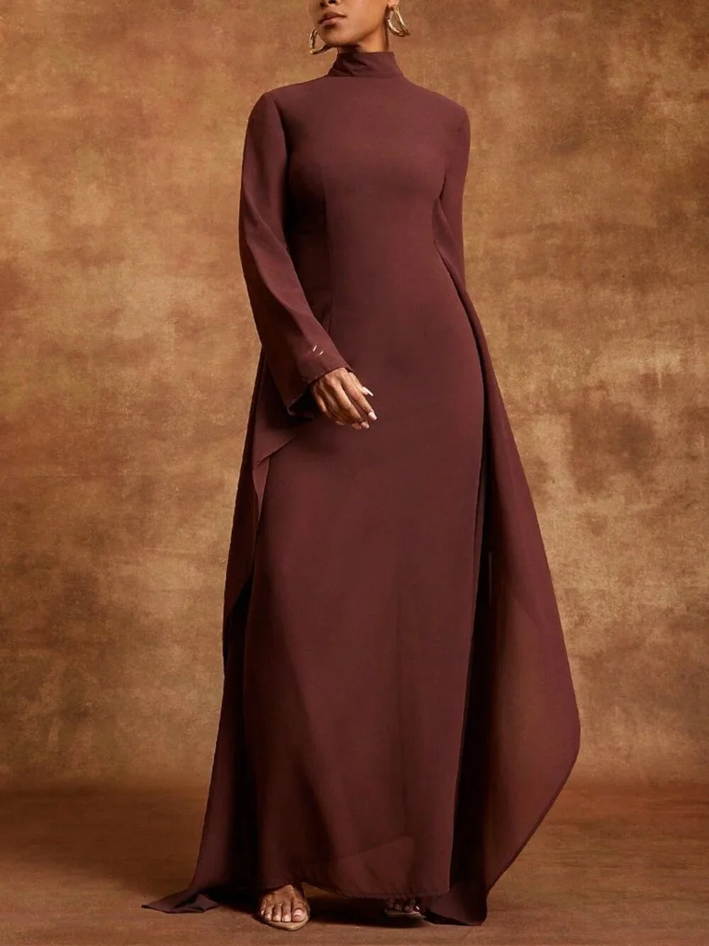 Brown Elegant Women's Chiffon Mock Neck Batwing Long Sleeve Maxi Dress - Picture 4 of 5